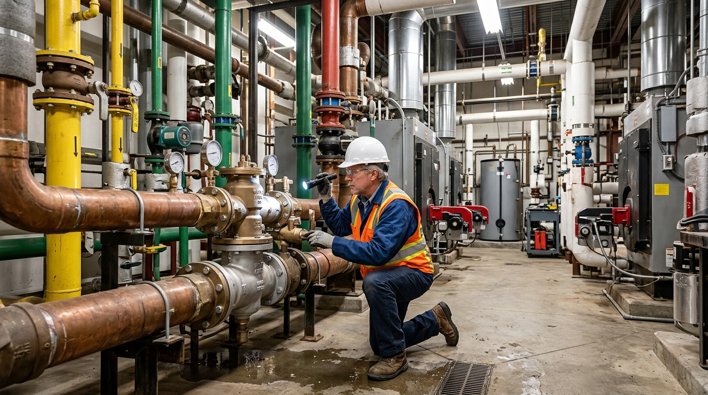 Master commercial plumber inspecting industrial piping, backflow preventers, and mechanical valves in an Illinois facility