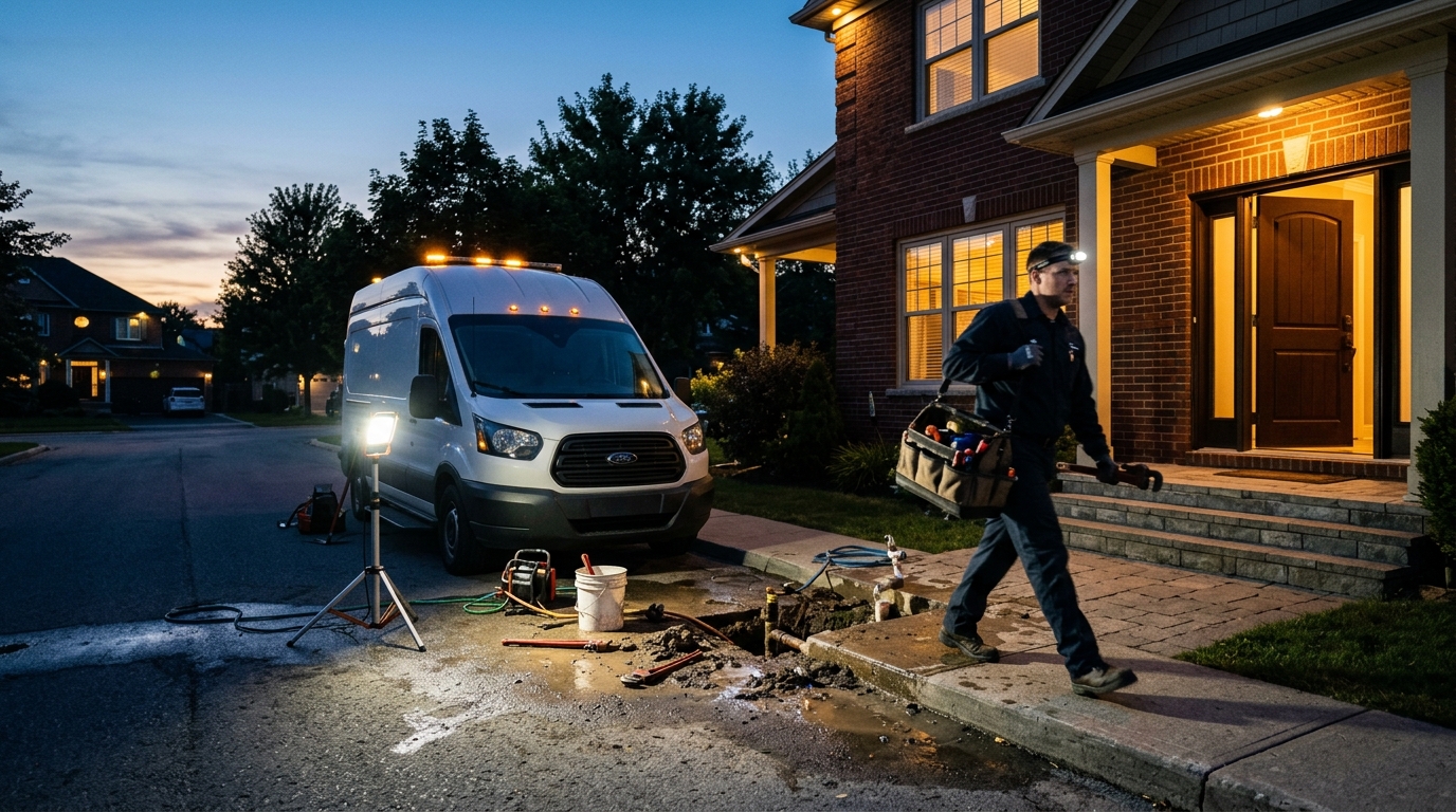 Emergency plumbing service vehicle and technician arriving after hours to repair urgent burst pipe in Illinois
