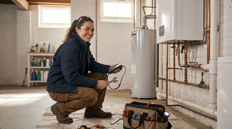 Plumber using a digital meter to test black iron gas piping connections and pressure in a mechanical room