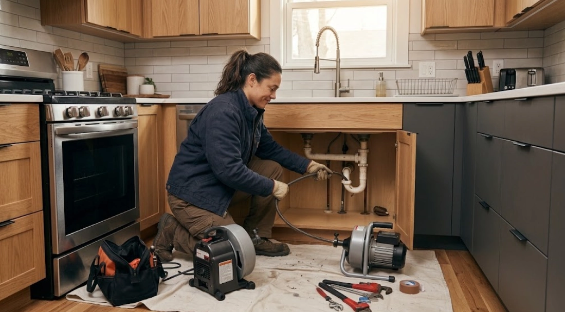 Plumber clearing a clogged residential drain using professional motorized snake equipment