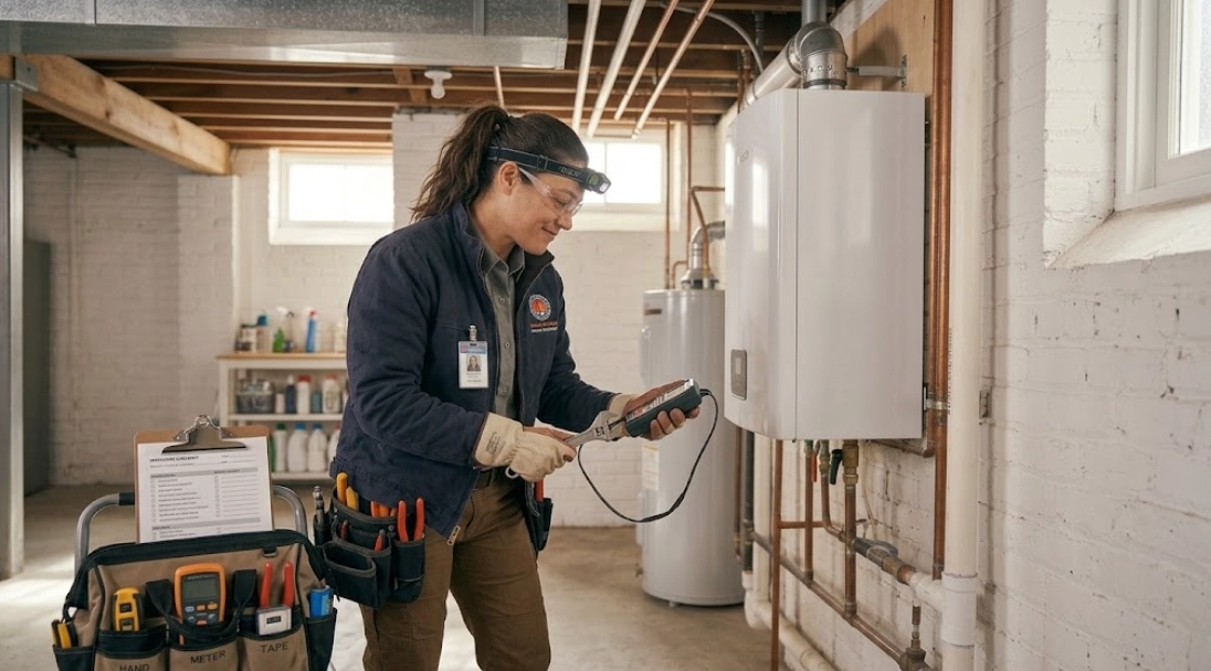 Illinois plumbing technician in a residential mechanical room