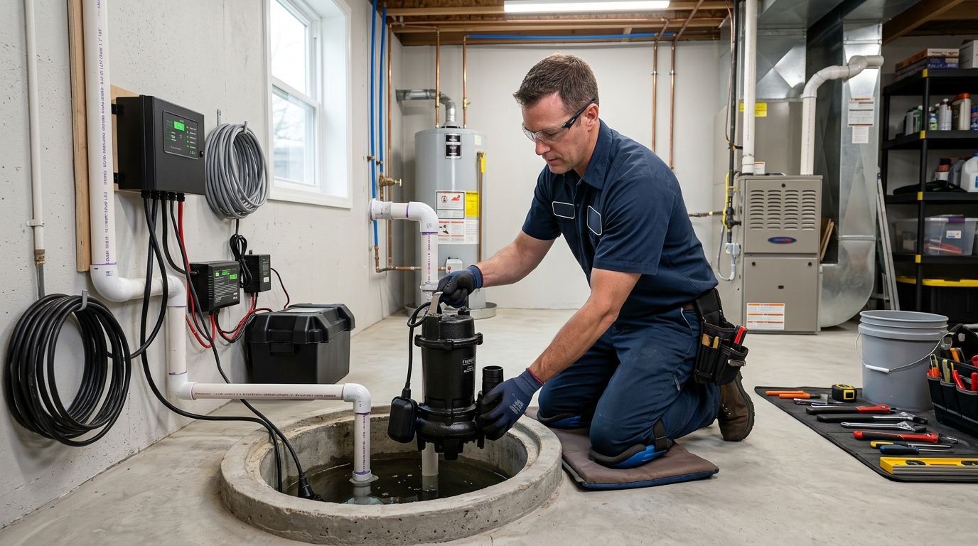 Licensed plumbing technician installing a cast iron submersible sump pump and battery backup system in an Illinois basement